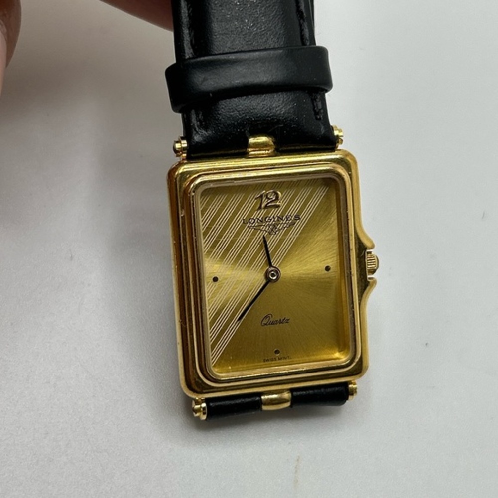 Longines Gold Rectangular Quartz Watch with Black Leather Strap 057
